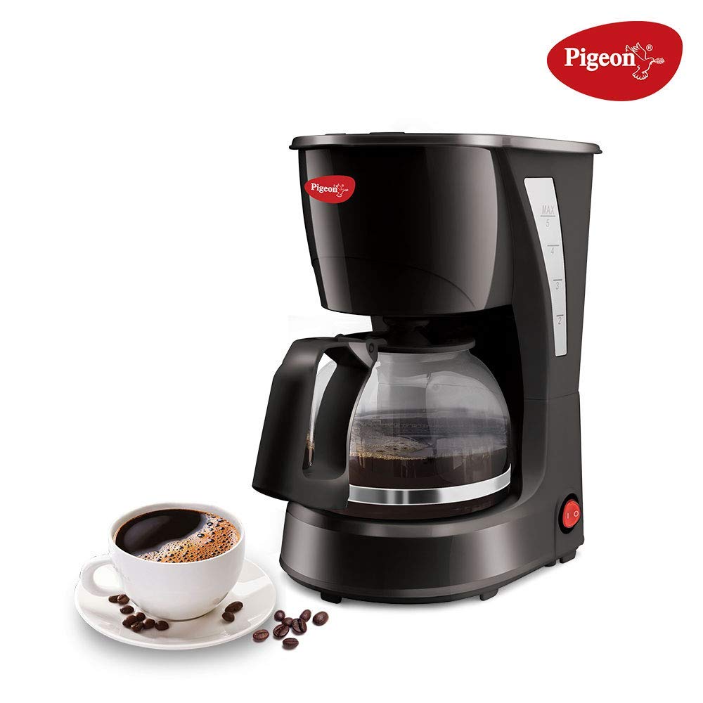 Black drip coffee maker with glass carafe