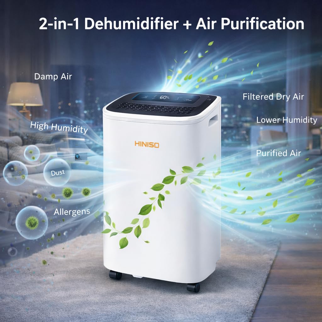 HINISO 10L Smart Compressor Dehumidifier with HEPA 13 Air Purifier Filter Combo for Up to 2000 Sq.ft | WiFi App Control