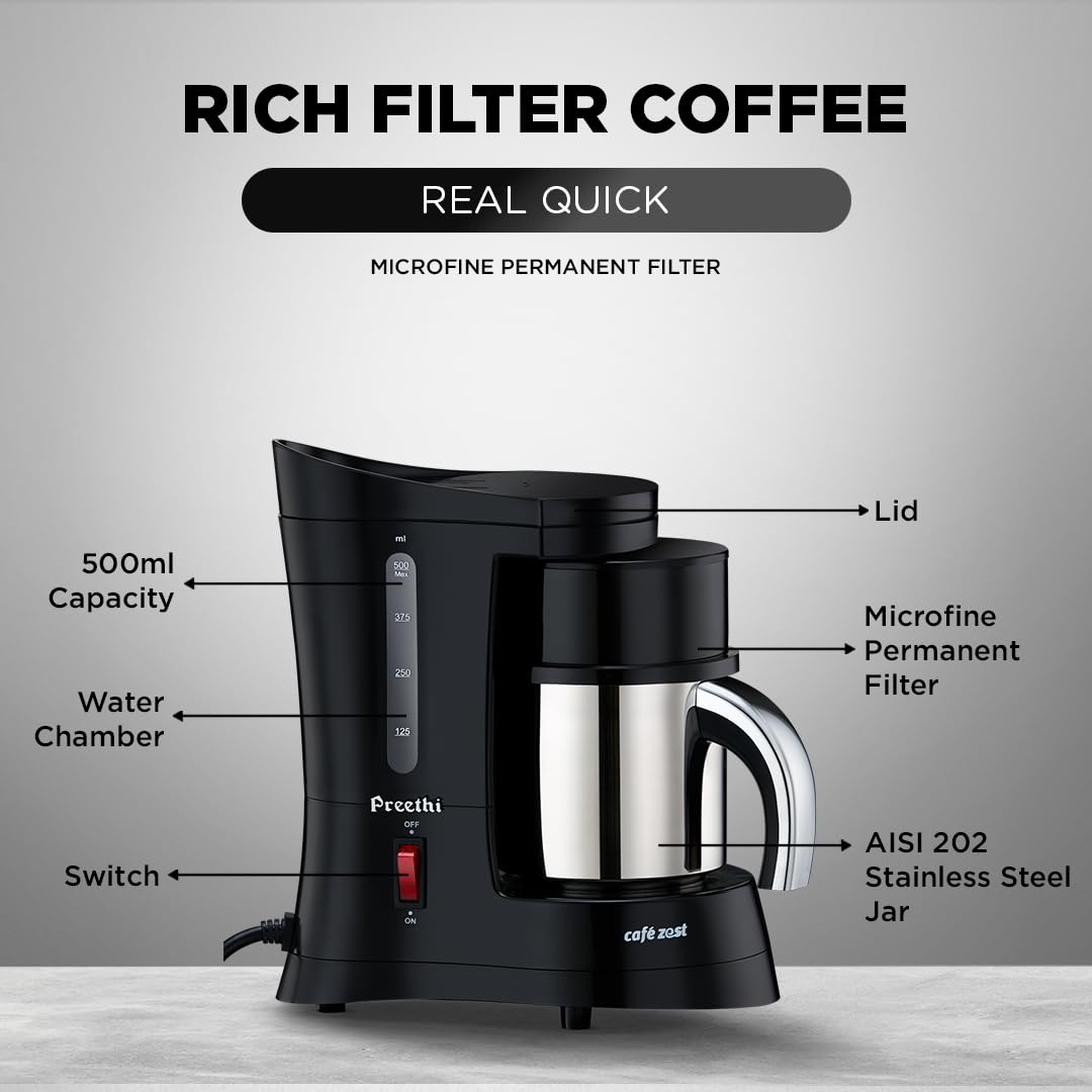 Preethi Cafe Zest Drip Coffee Maker| 450W Coffee Machine for Home | 500ml
