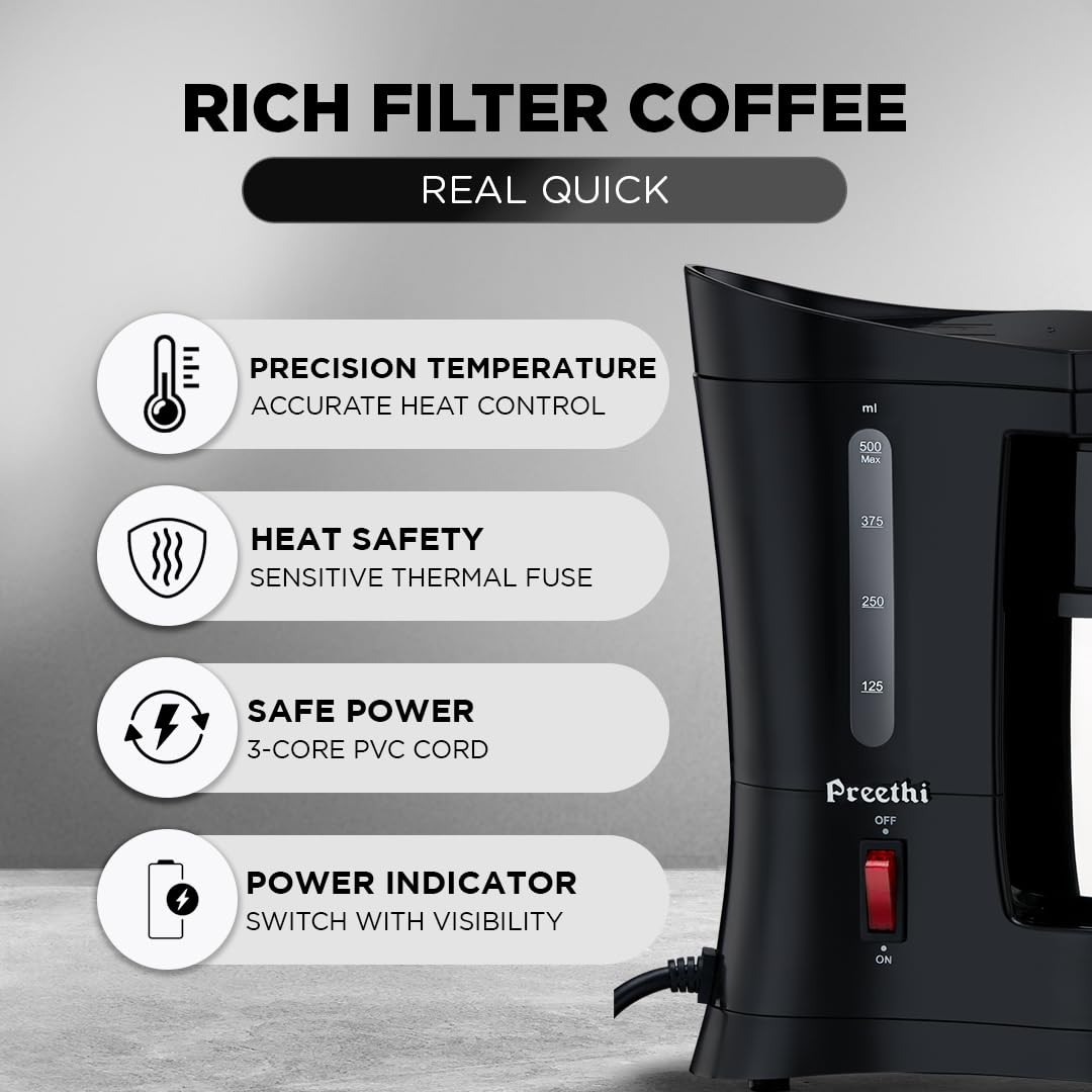 Preethi Cafe Zest Drip Coffee Maker| 450W Coffee Machine for Home | 500ml
