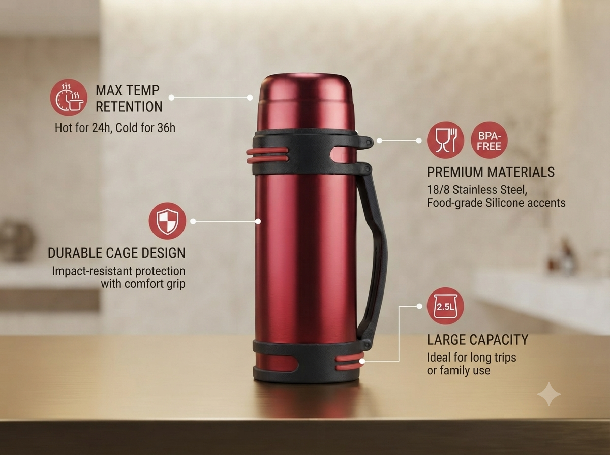 Revalux 2000ML Vacuum Insulated Stainless Steel Flask & Thermo Bottle with Protective Cage & Carry Handle (Red)