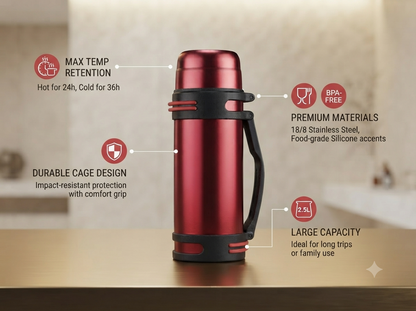 Revalux 2000ML Vacuum Insulated Stainless Steel Flask & Thermo Bottle with Protective Cage & Carry Handle (Red)