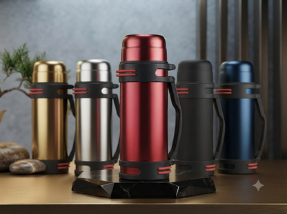 Revalux 2000ML Vacuum Insulated Stainless Steel Flask & Thermo Bottle with Protective Cage & Carry Handle (Red)
