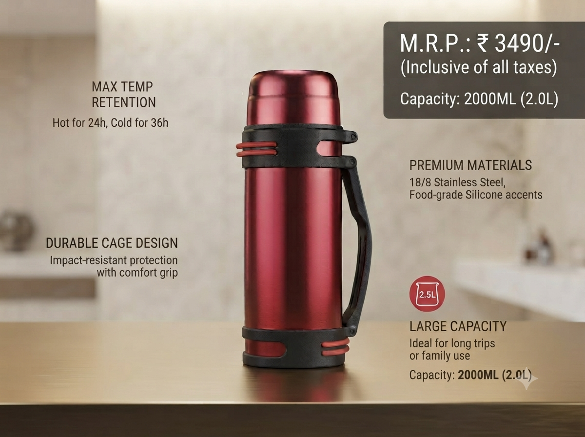 Revalux 2000ML Vacuum Insulated Stainless Steel Flask & Thermo Bottle with Protective Cage & Carry Handle (Red)